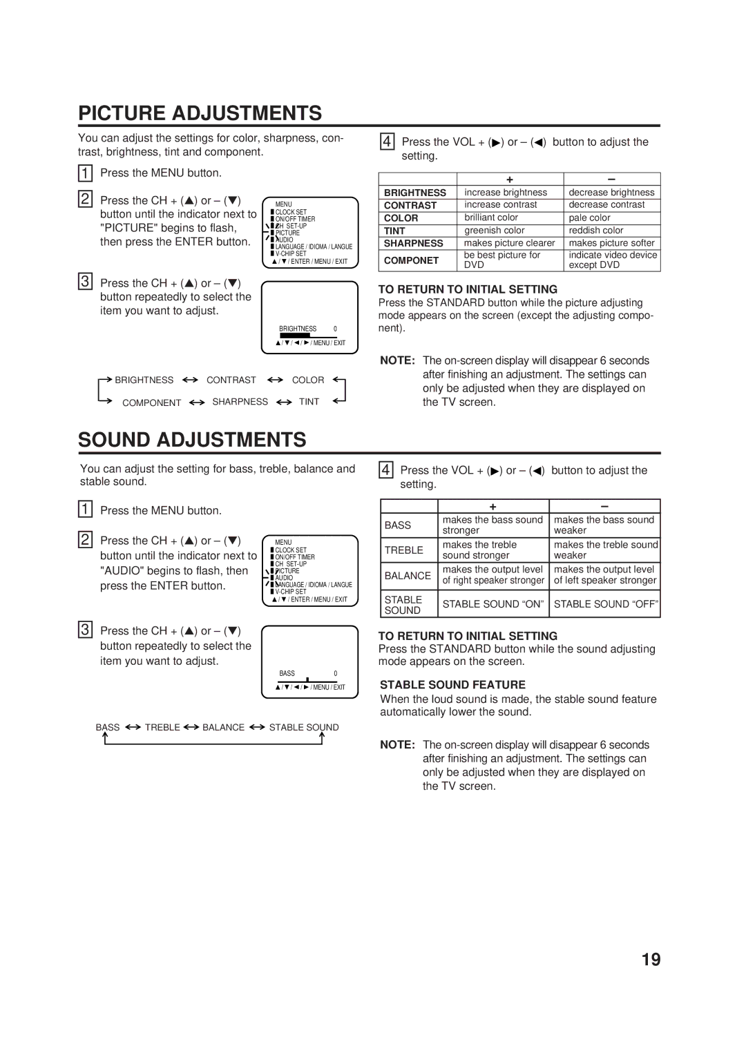 JVC AV-24F703, AV-20F703 manual Picture Adjustments, Sound Adjustments, To Return to Initial Setting, Stable Sound Feature 