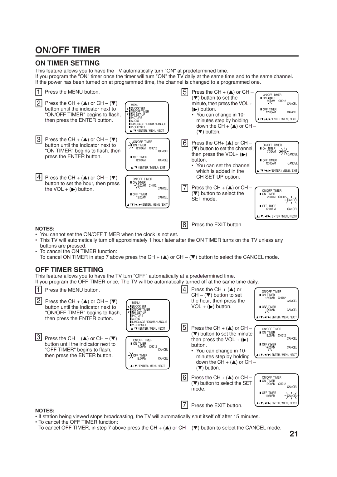 JVC AV-24F703 manual ON/OFF Timer, On Timer Setting, OFF Timer Setting, Press the CH + or CH button to select the SET mode 