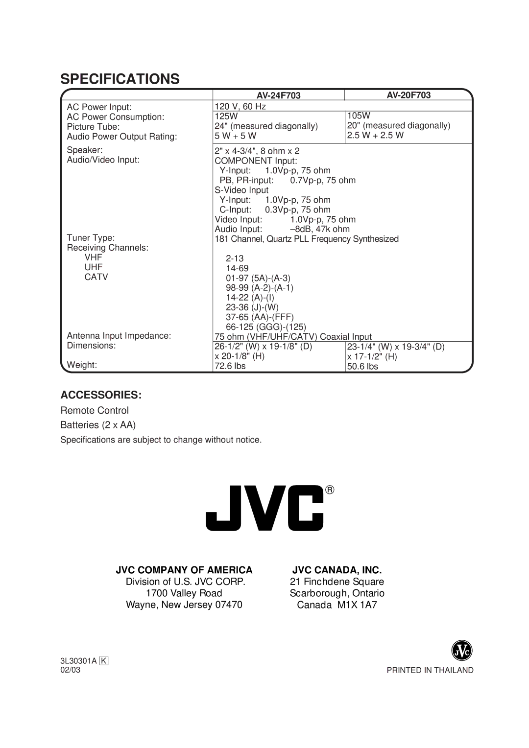 JVC AV-20F703, AV-24F703 manual Specifications, Accessories, 3L30301A K 02/03 