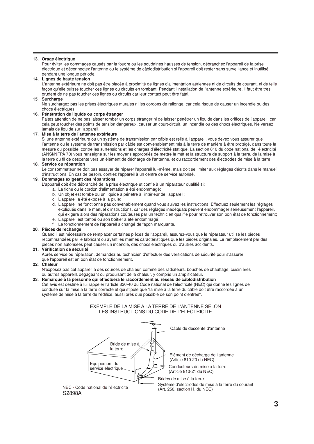 JVC AV-24F703, AV-20F703 Orage électrique, Lignes de haute tension, 16. Pénétration de liquide ou corps étranger, Chaleur 