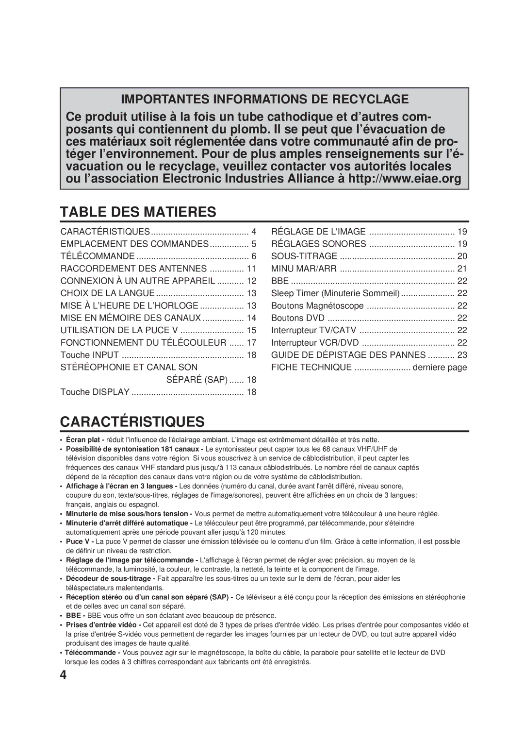 JVC AV-20F703, AV-24F703 manual Table DES Matieres, Caractéristiques, Touche Input, Touche Display 