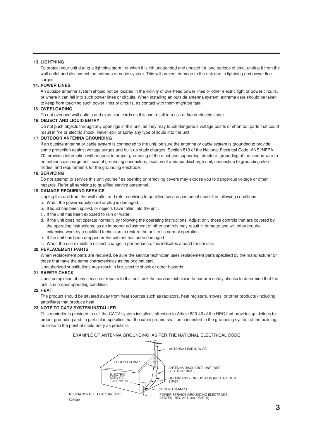 JVC AV-24F703 manual Lightning, Power Lines, Overloading, Object and Liquid Entry, Outdoor Antenna Grounding, Servicing 