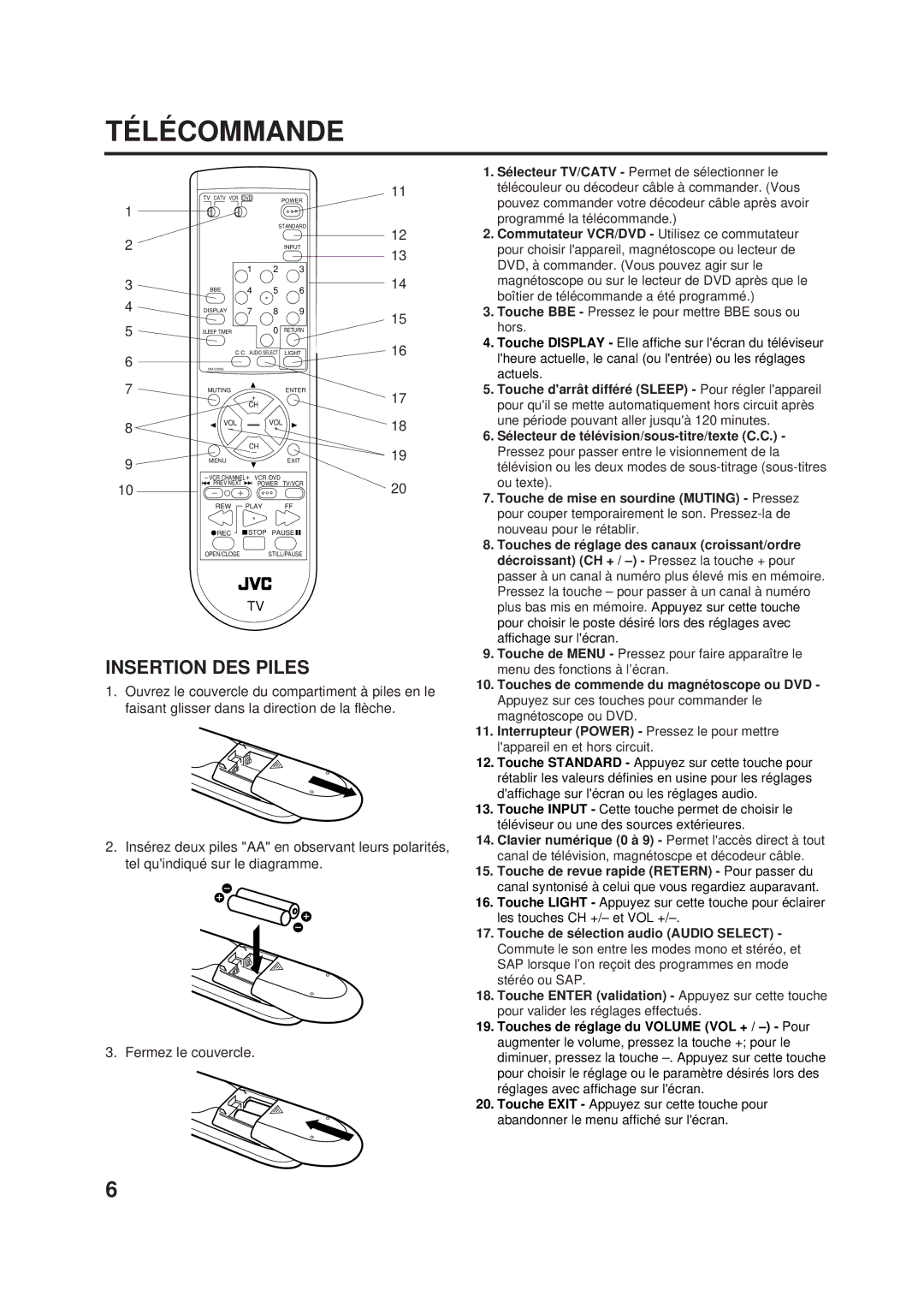 JVC AV-20F703, AV-24F703 manual Insertion DES Piles, Clavier numérique 0 à 9 Permet laccès direct à tout 