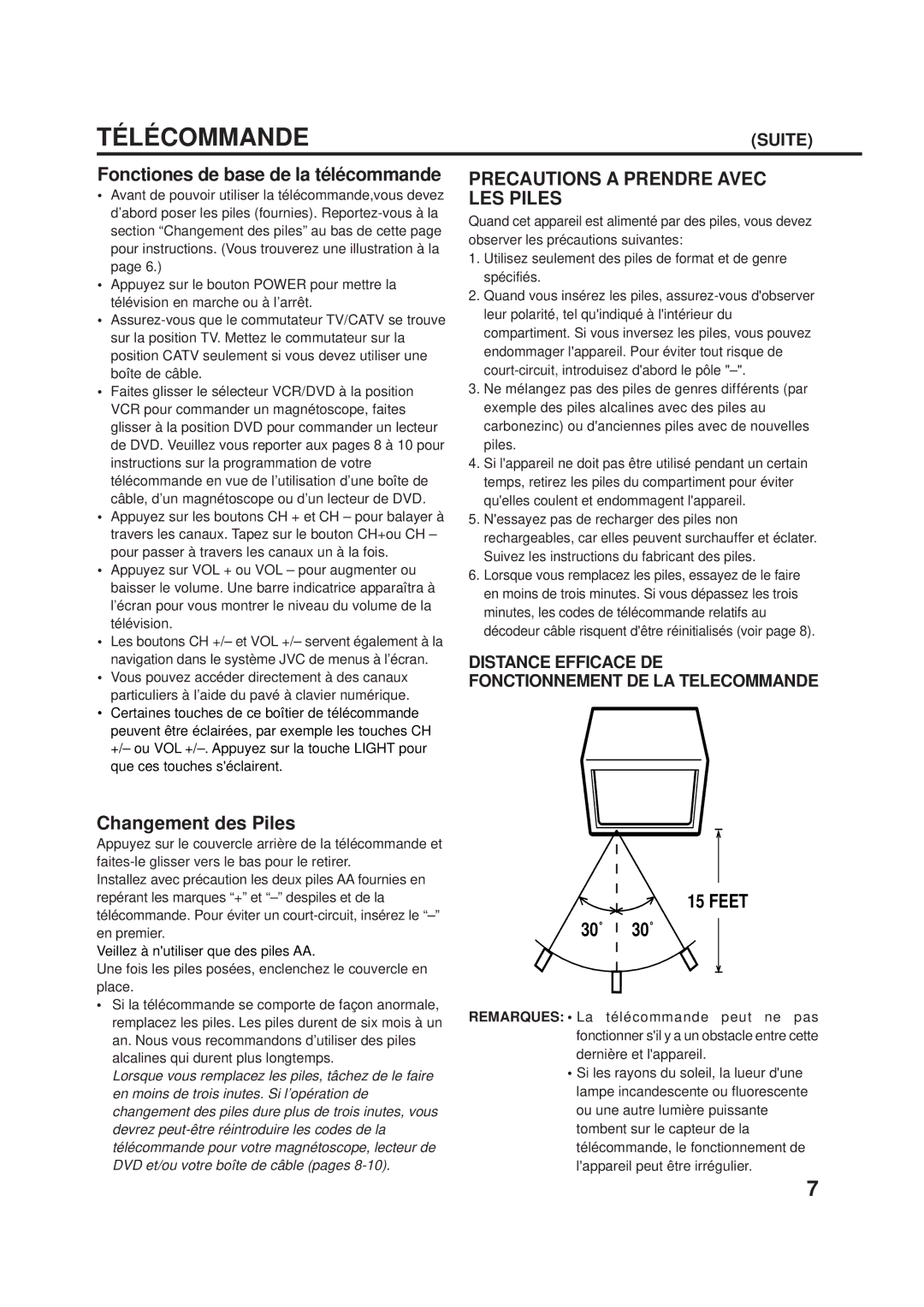 JVC AV-24F703, AV-20F703 manual Télécommande, Precautions a Prendre Avec LES Piles 