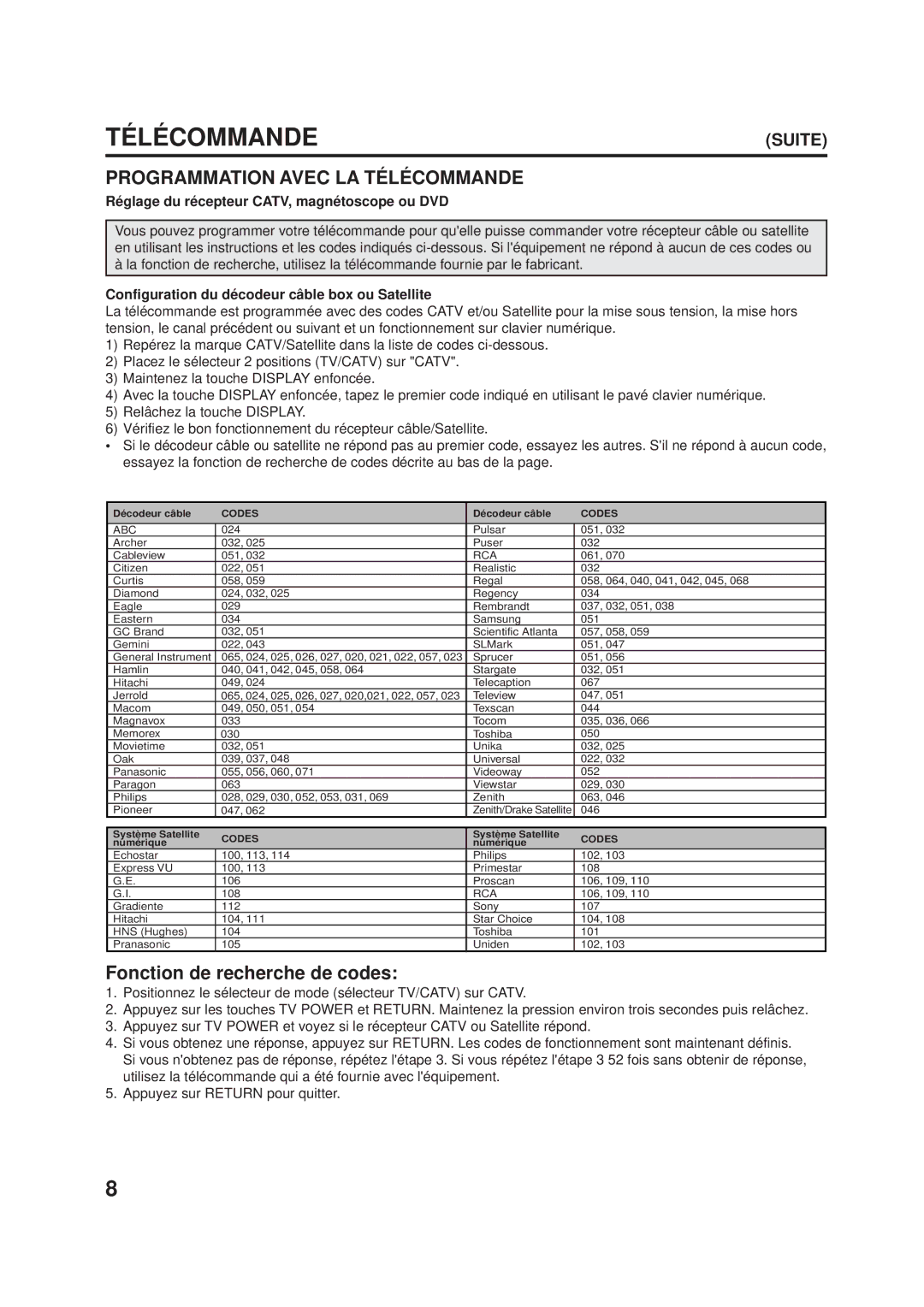 JVC AV-20F703, AV-24F703 manual Programmation Avec LA Télécommande, Réglage du récepteur CATV, magnétoscope ou DVD 