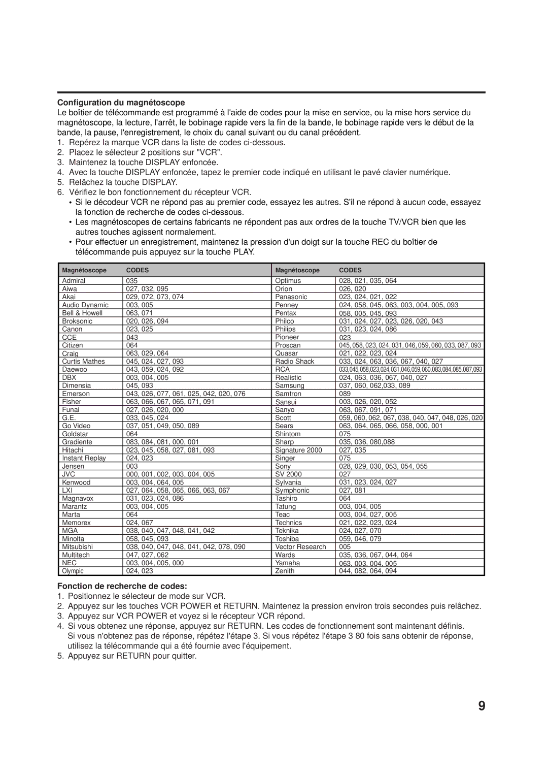 JVC AV-24F703, AV-20F703 manual Configuration du magnétoscope, Fonction de recherche de codes 