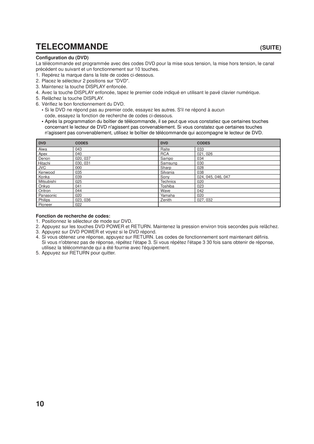 JVC AV-20F703, AV-24F703 manual Telecommande, Configuration du DVD 