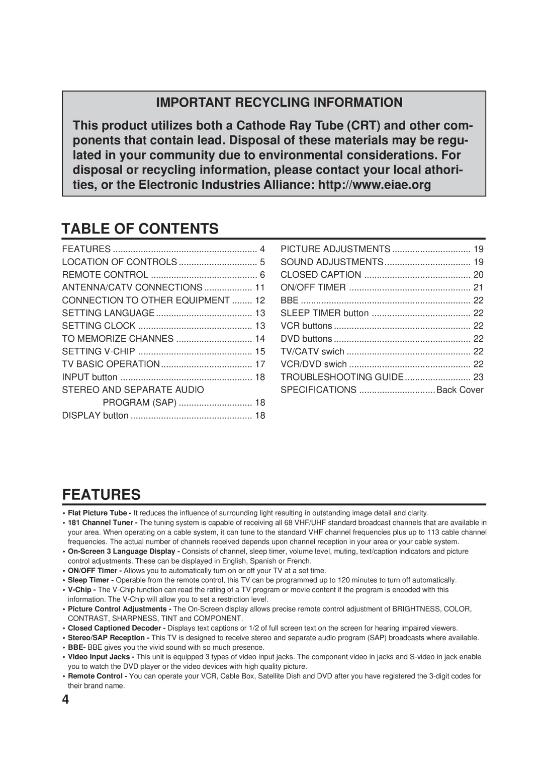 JVC AV-20F703, AV-24F703 manual Table of Contents, Features 