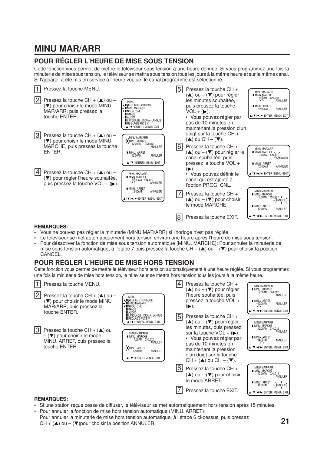 JVC AV-24F703, AV-20F703 Minu MAR/ARR, Pour Régler L’HEURE DE Mise Sous Tension, Pour Régler L’HEURE DE Mise Hors Tension 