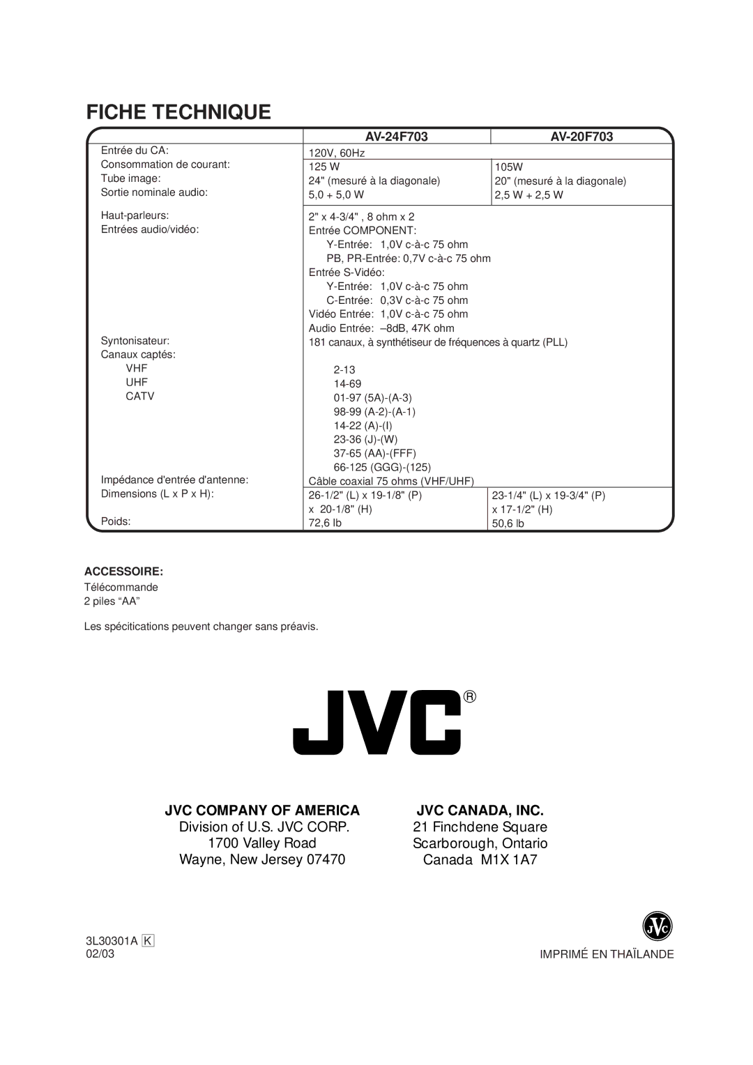 JVC AV-20F703, AV-24F703 manual Fiche Technique, Accessoire, Vhf Uhf 