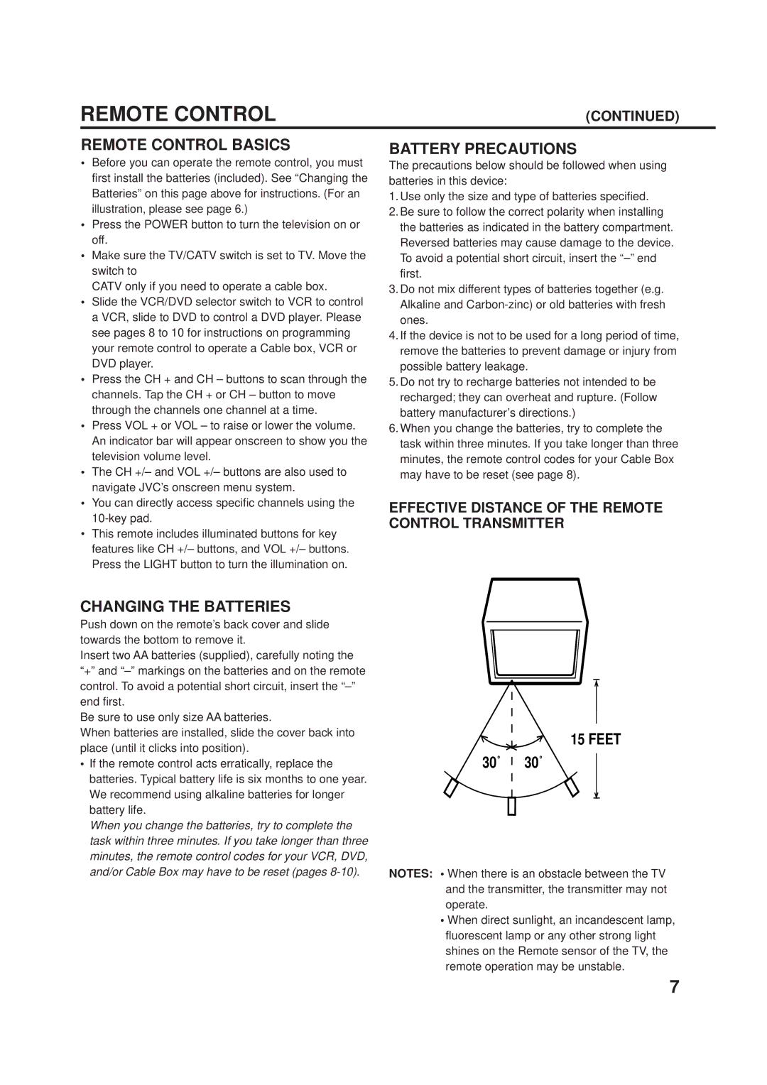 JVC AV-24F703, AV-20F703 manual Remote Control Basics, Battery Precautions, Changing the Batteries, Feet 