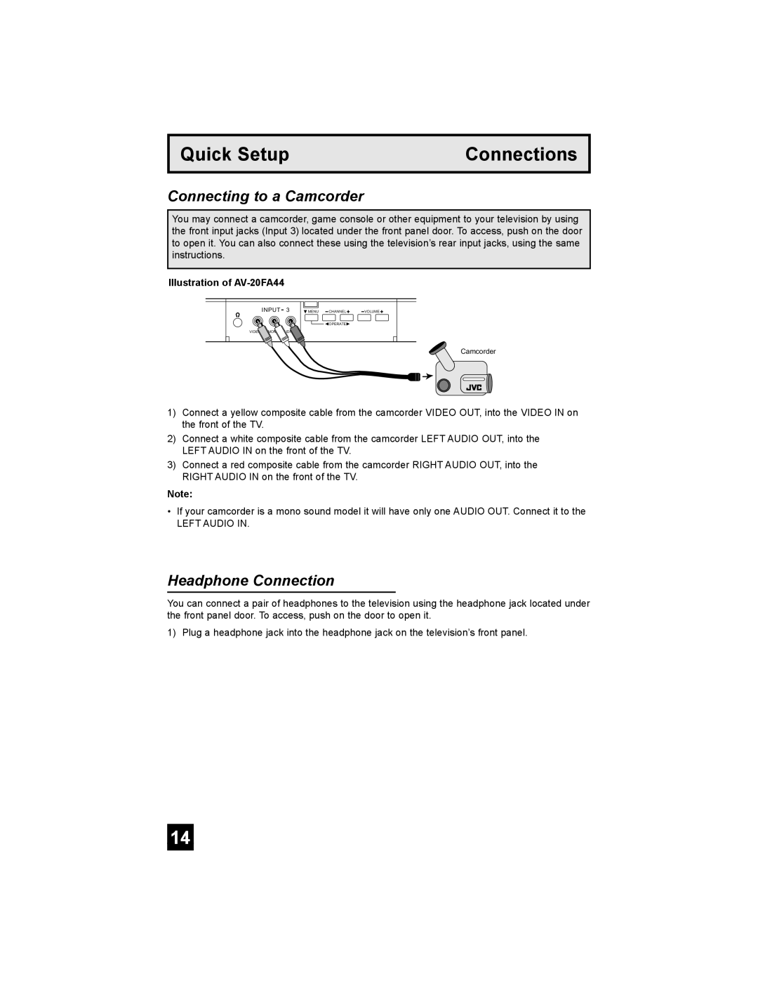 JVC AV 20FA44 manual Connecting to a Camcorder, Headphone Connection 