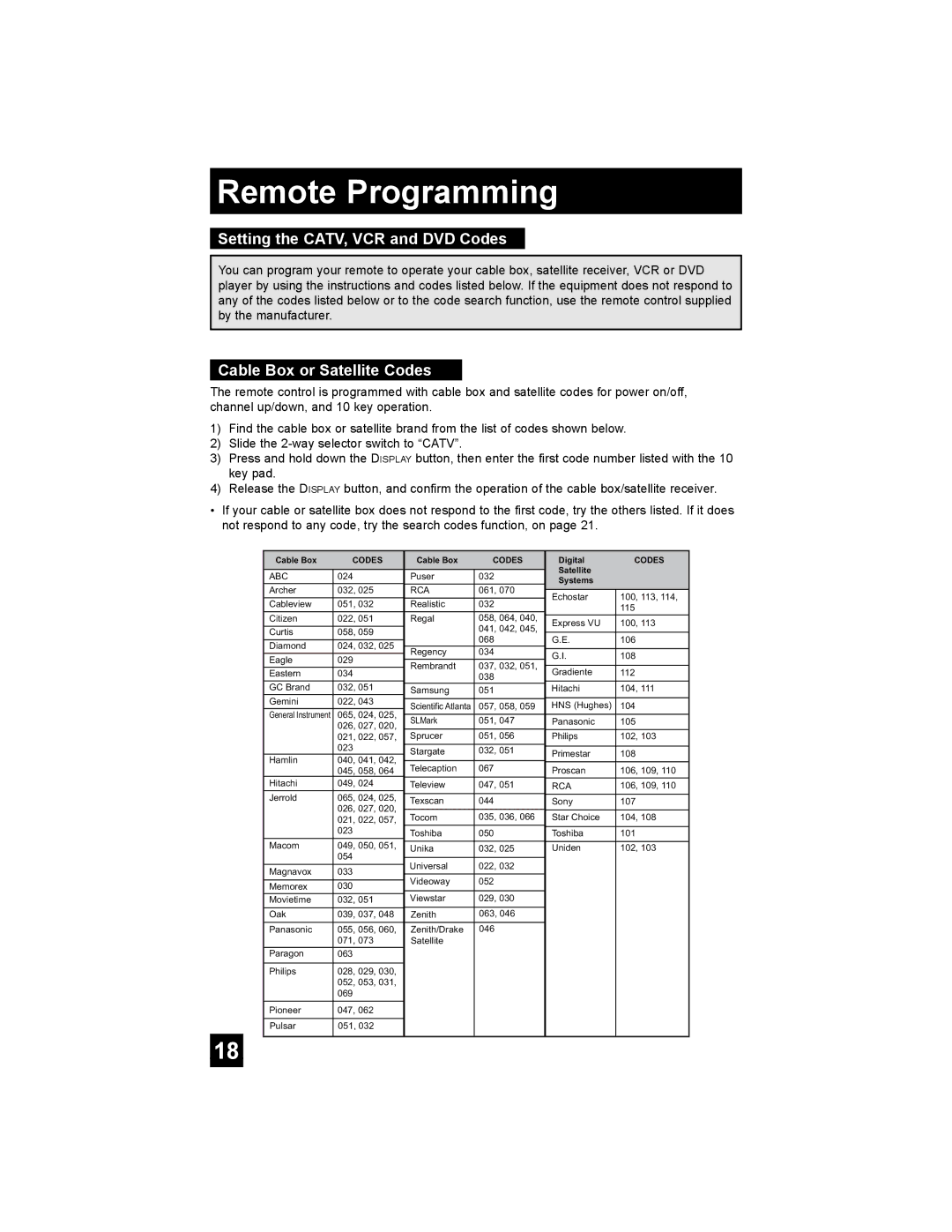 JVC AV 20FA44 manual Remote Programming, Setting the CATV, VCR and DVD Codes, Cable Box or Satellite Codes 