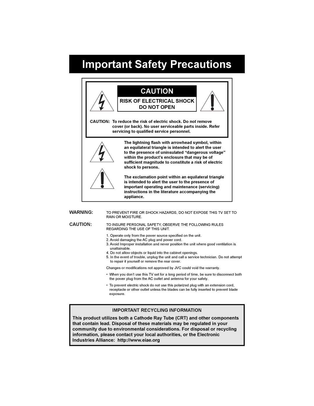 JVC AV 20FA44 manual Important Safety Precautions, Risk of Electrical Shock Do not Open 