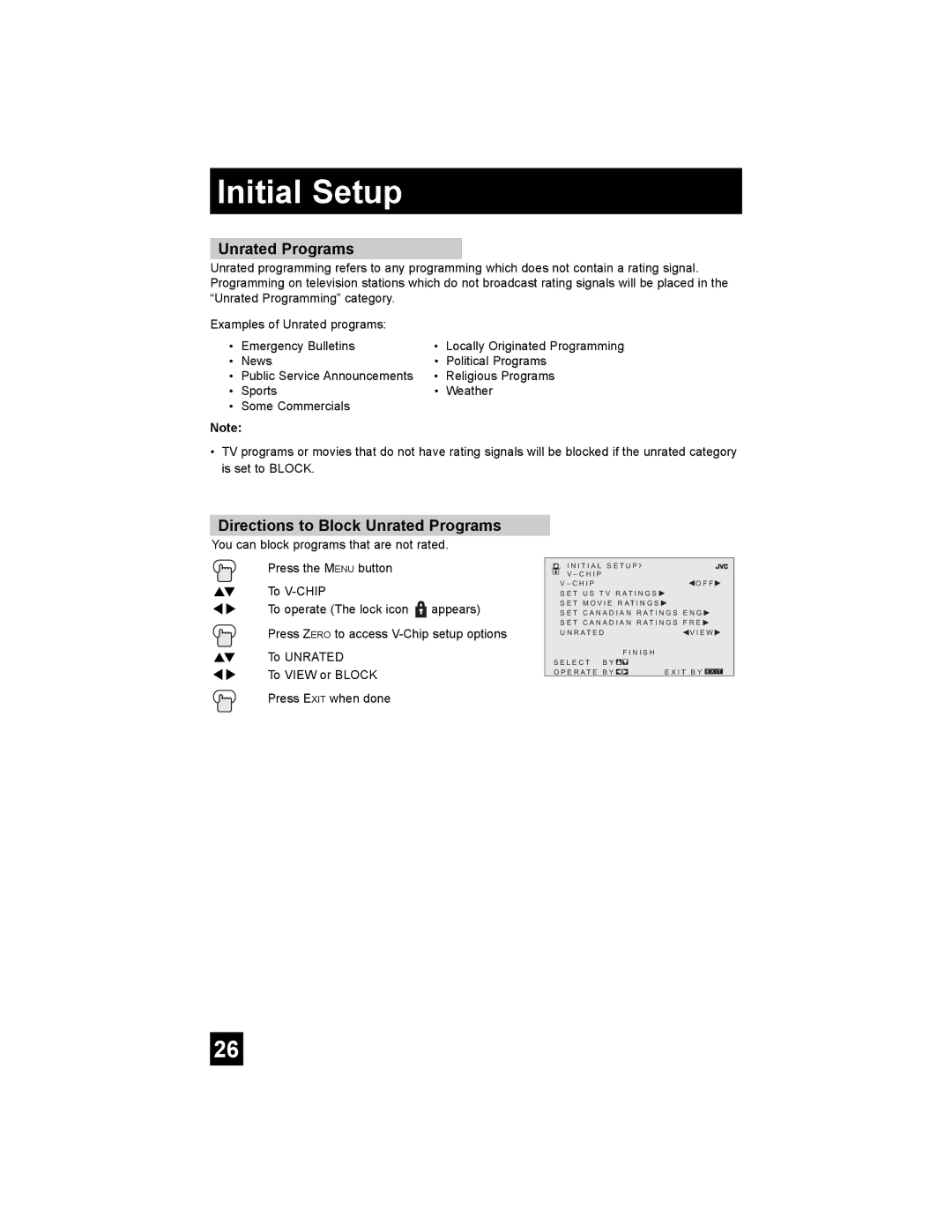 JVC AV 20FA44 manual Directions to Block Unrated Programs 