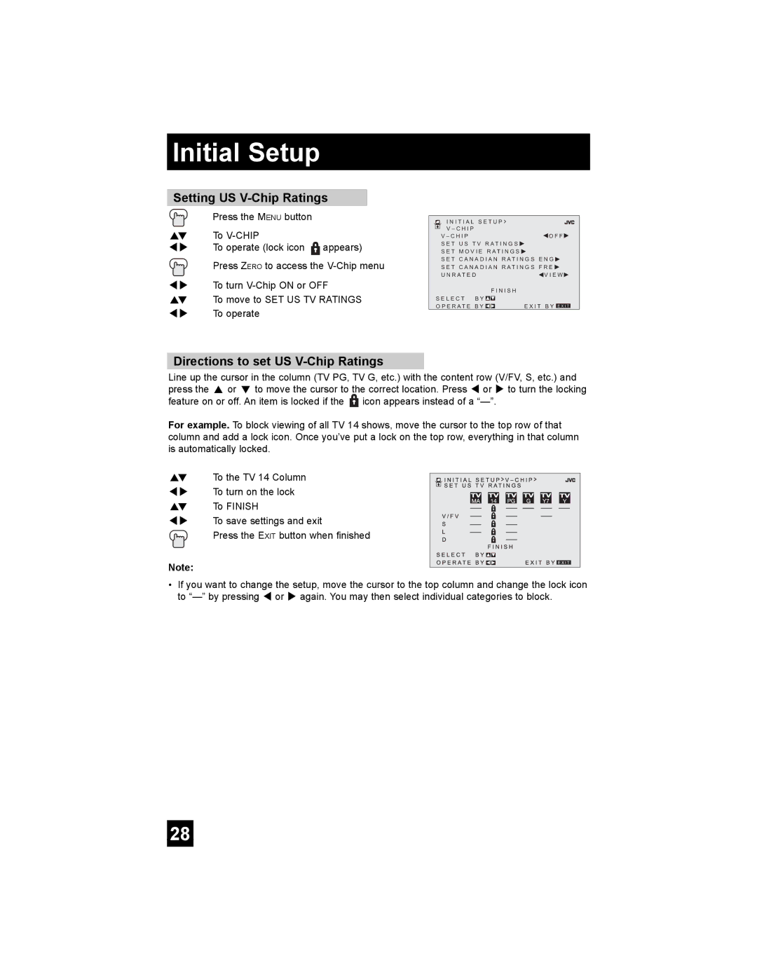 JVC AV 20FA44 manual Setting US V-Chip Ratings, Directions to set US V-Chip Ratings 