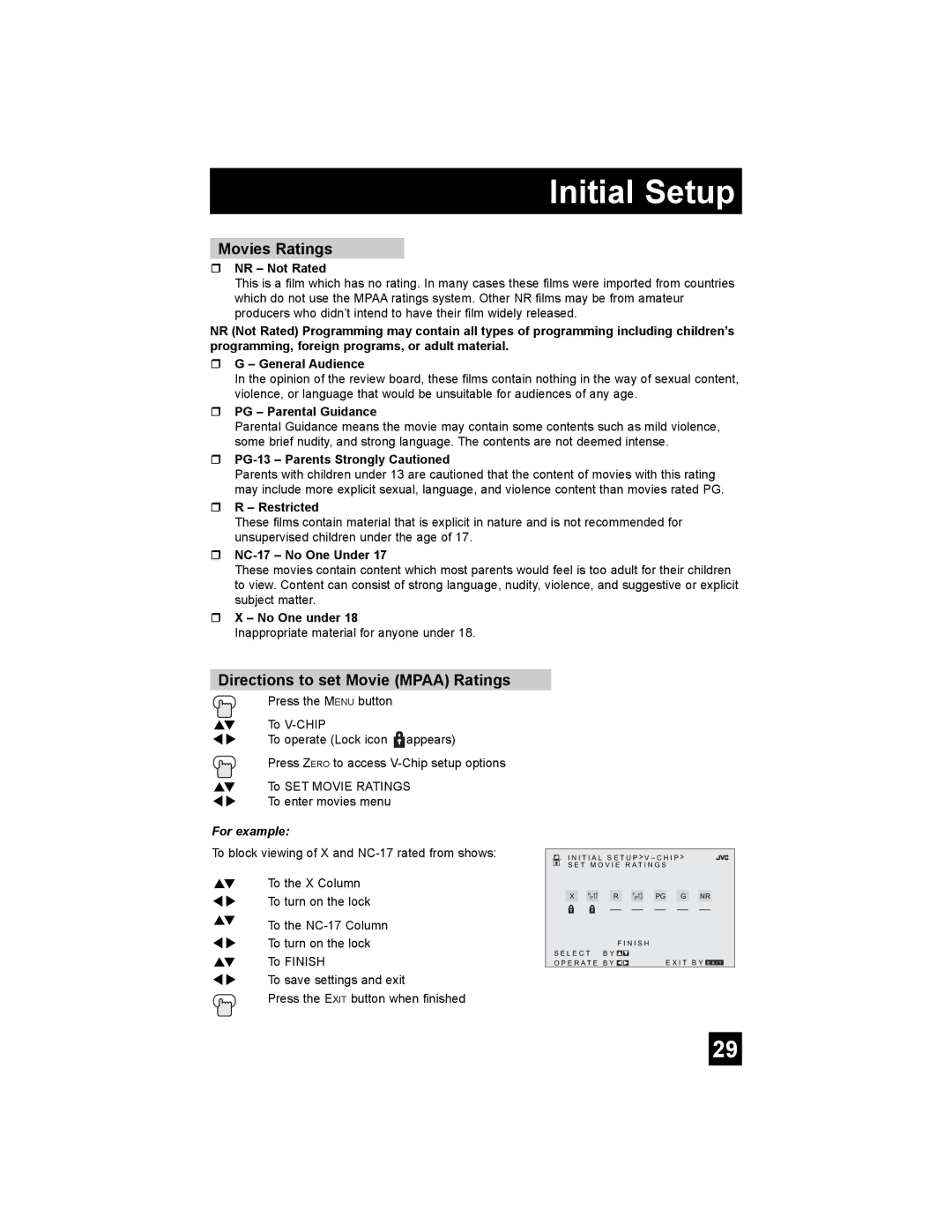 JVC AV 20FA44 manual Movies Ratings, Directions to set Movie Mpaa Ratings 