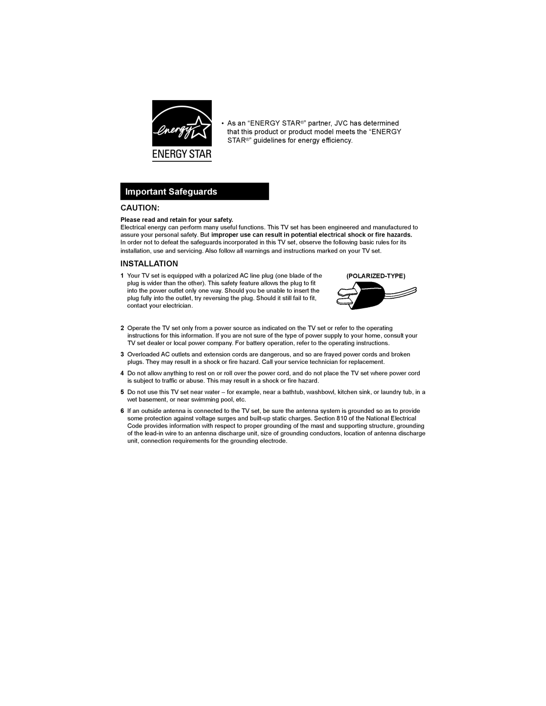 JVC AV 20FA44 manual Important Safeguards, Please read and retain for your safety 