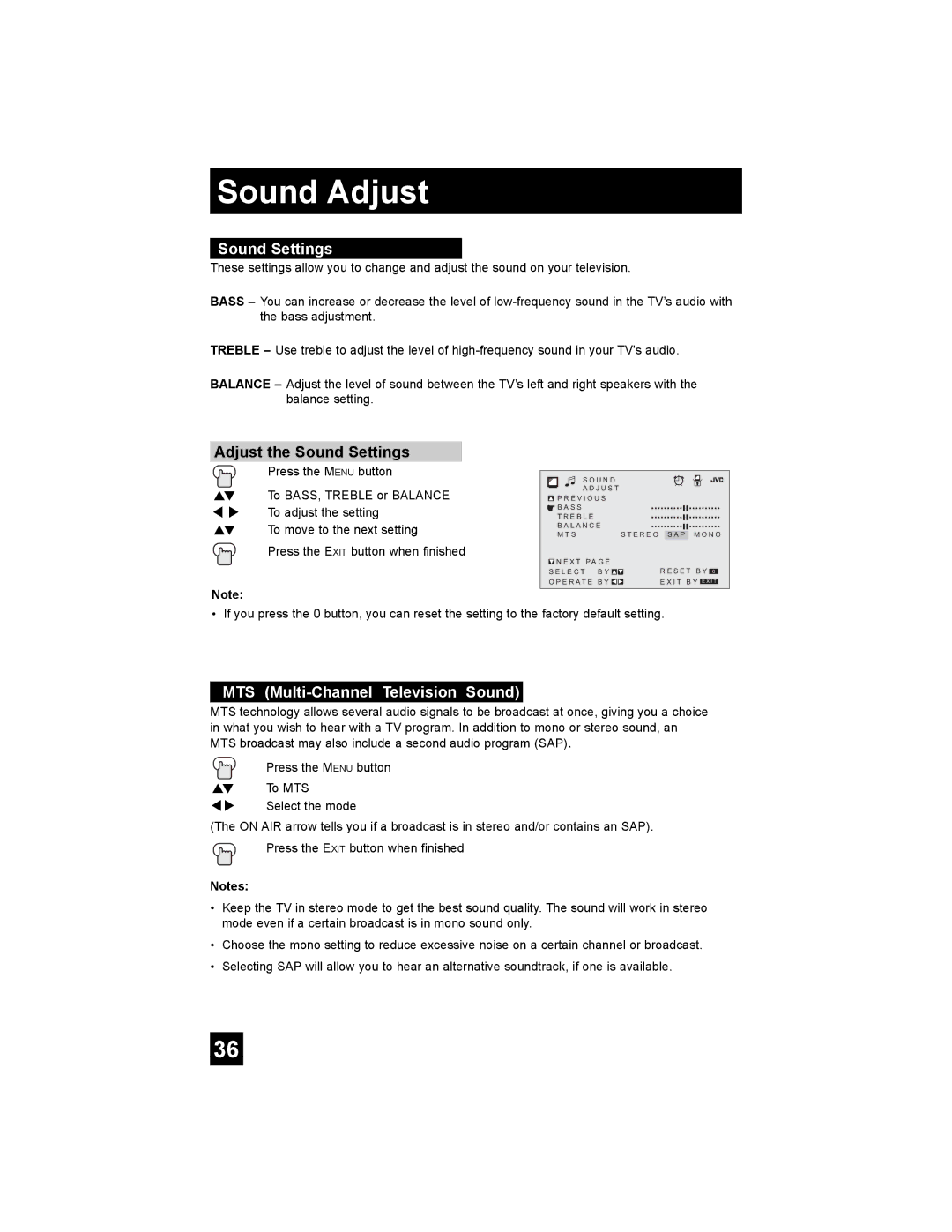 JVC AV 20FA44 manual Sound Adjust, Adjust the Sound Settings, MTS Multi-Channel Television Sound 