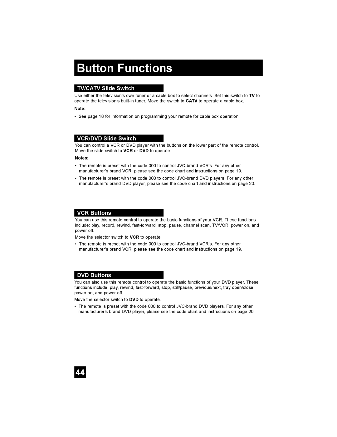 JVC AV 20FA44 manual TV/CATV Slide Switch, VCR/DVD Slide Switch, VCR Buttons, DVD Buttons 