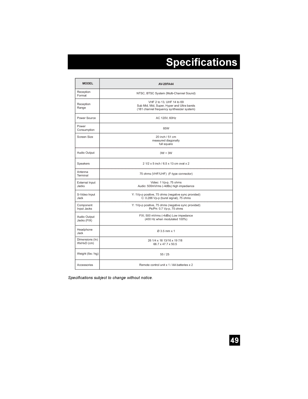 JVC AV 20FA44 manual Specifications, Model 