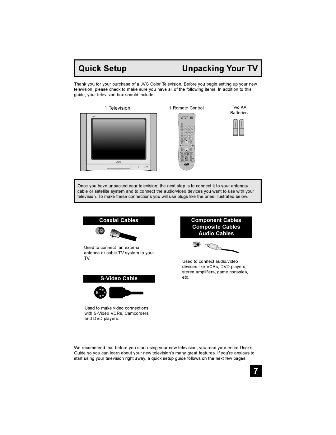 JVC AV 20FA44 manual Coaxial Cables, Video Cable, Component Cables Composite Cables Audio Cables 