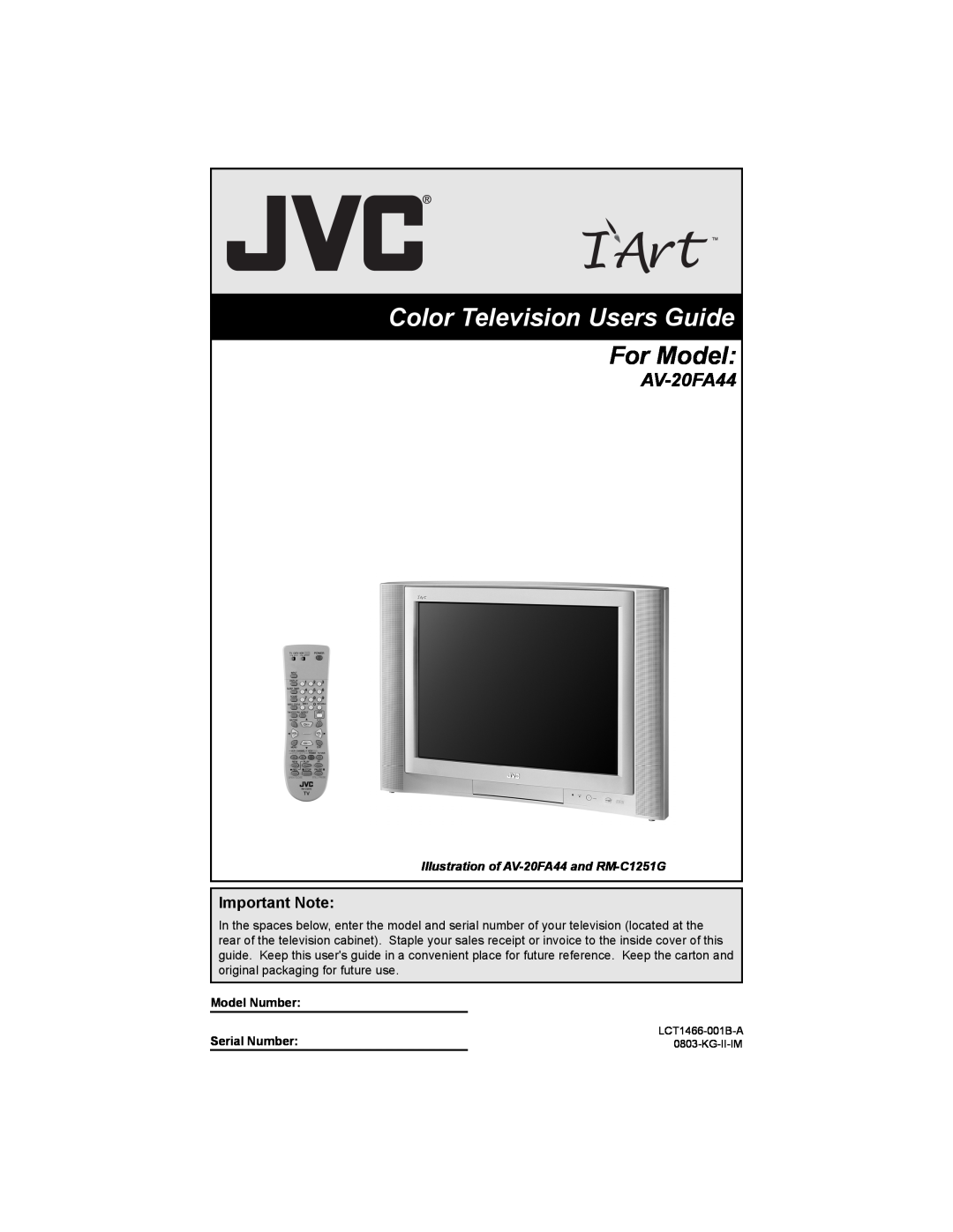 JVC AV 20FA44 manual Important Note, Illustration of AV-20FA44 and RM-C1251G, Color Television Users Guide, For Model 