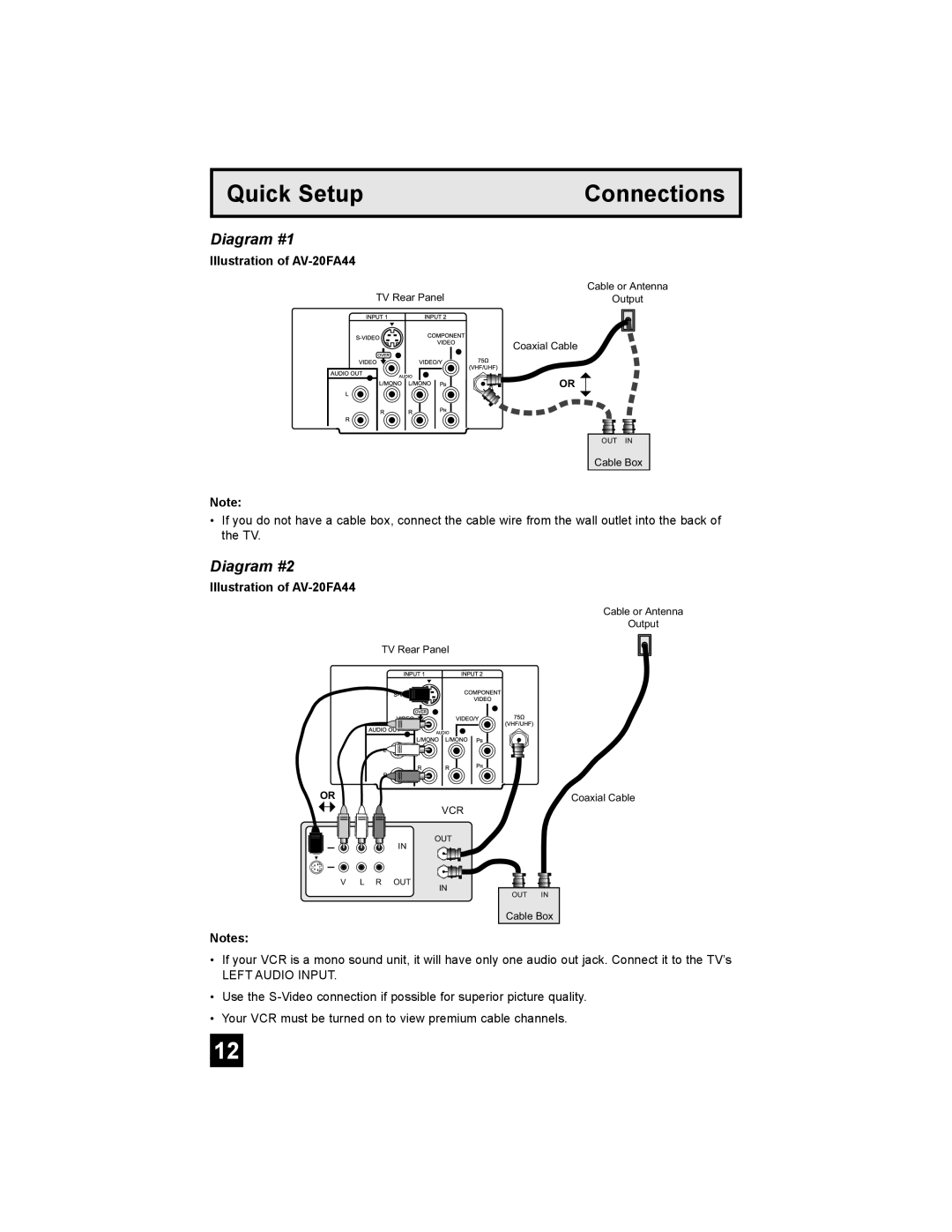 JVC AV 20FA44 manual Diagram #1, Diagram #2, Quick Setup, Connections 