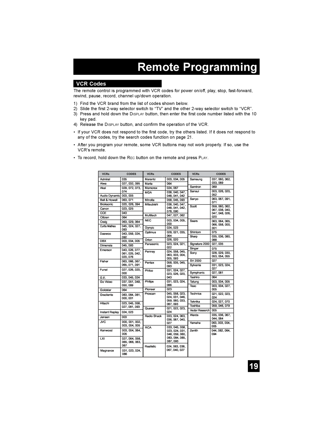 JVC AV 20FA44 manual VCR Codes, Remote Programming, Vector Research 