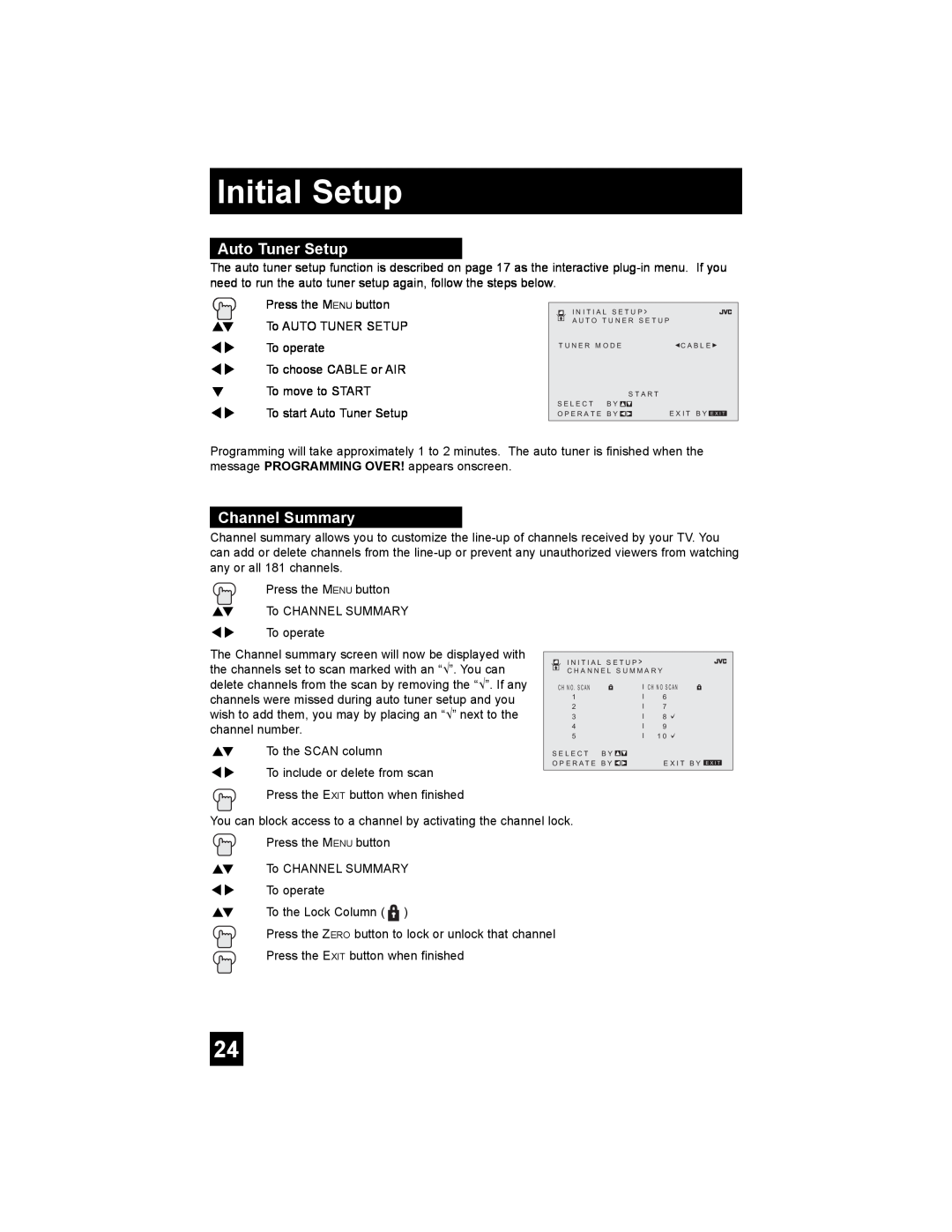 JVC AV 20FA44 manual Initial Setup, Auto Tuner Setup, Channel Summary 