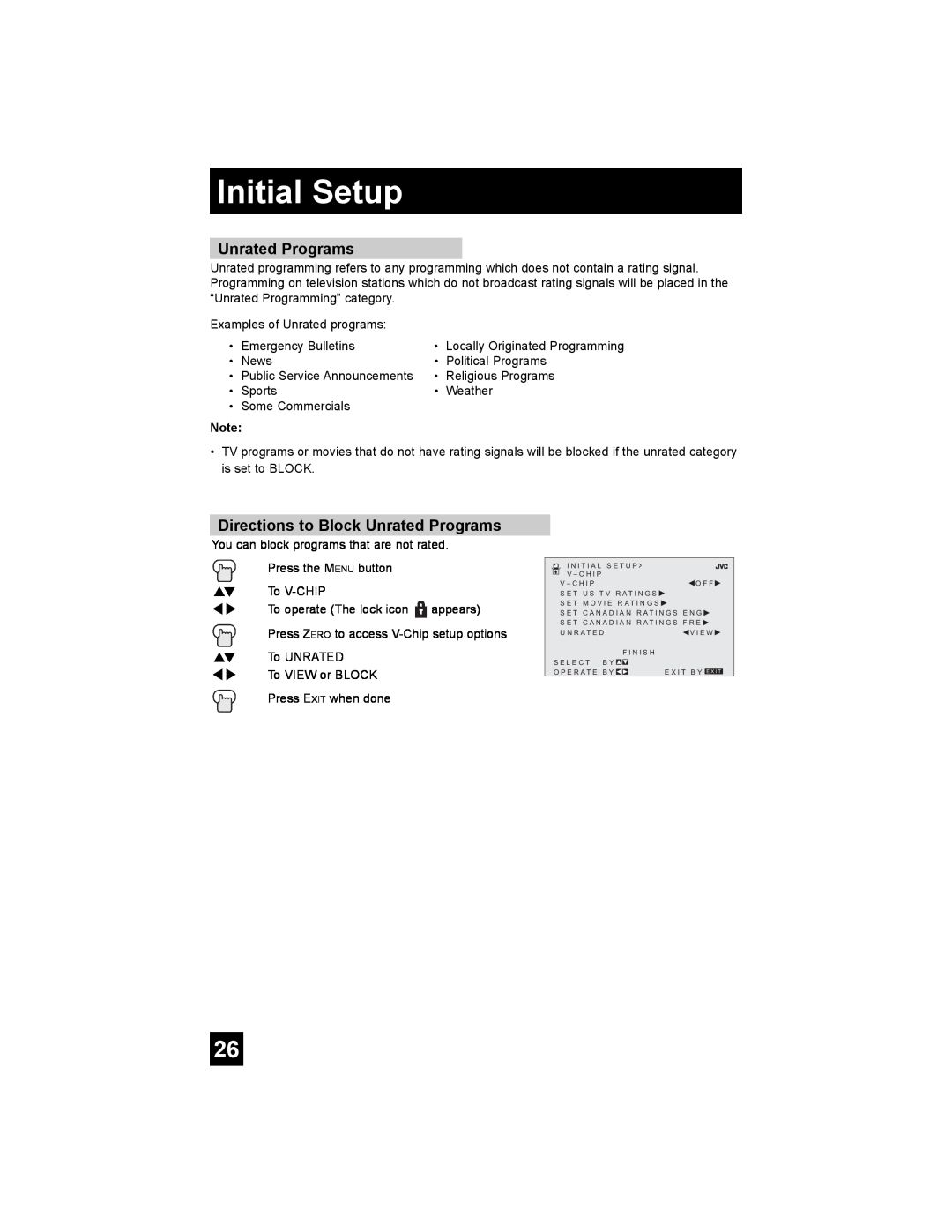 JVC AV 20FA44 manual Directions to Block Unrated Programs, Initial Setup 
