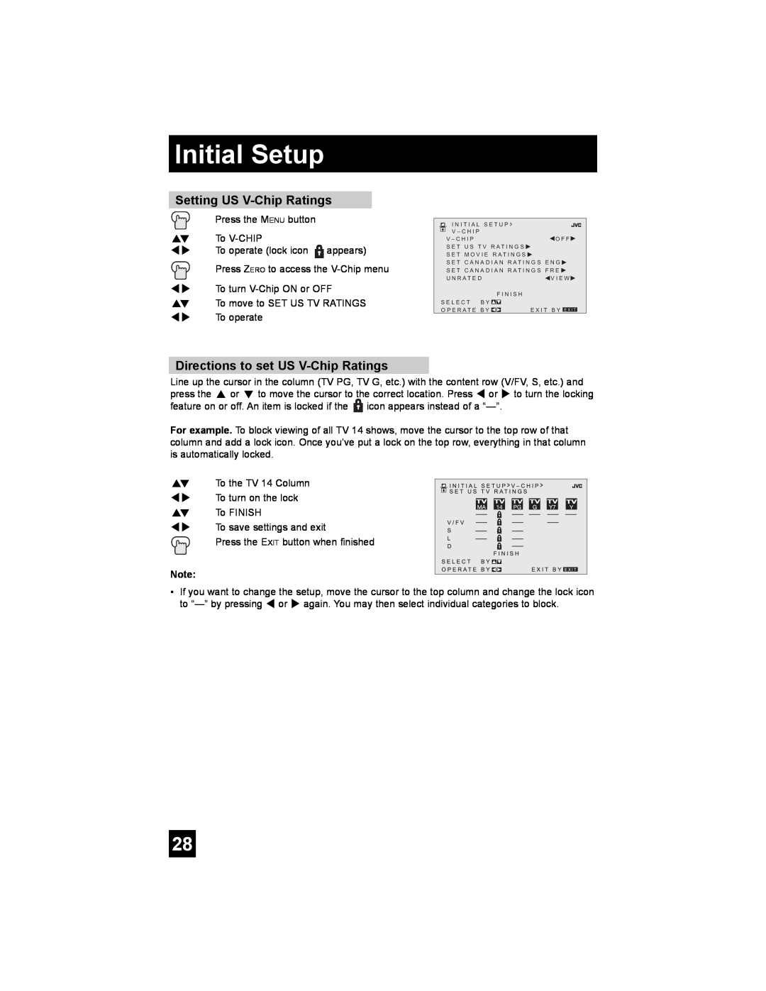 JVC AV 20FA44 manual Setting US V-Chip Ratings, Directions to set US V-Chip Ratings, Initial Setup 
