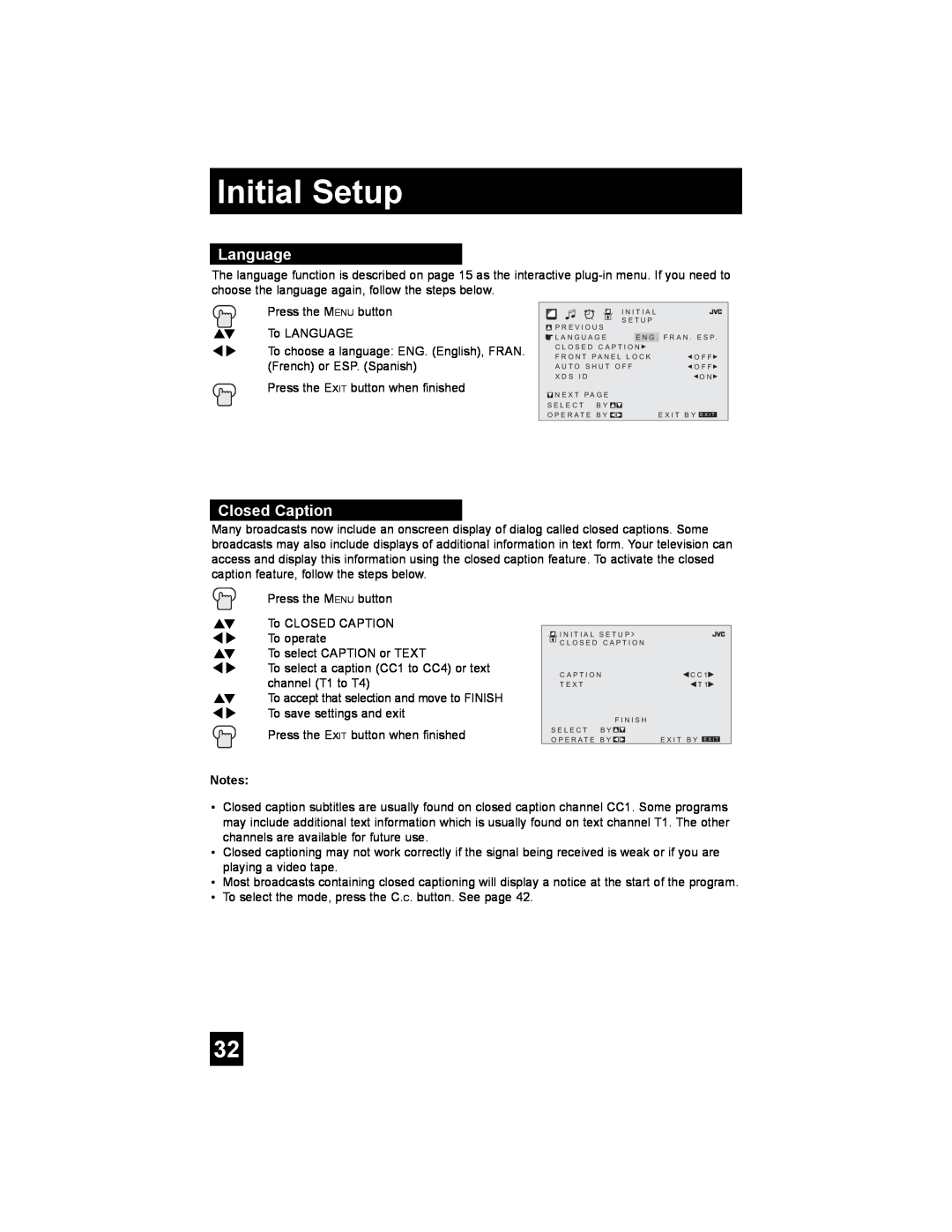 JVC AV 20FA44 manual Language, Closed Caption, Initial Setup 