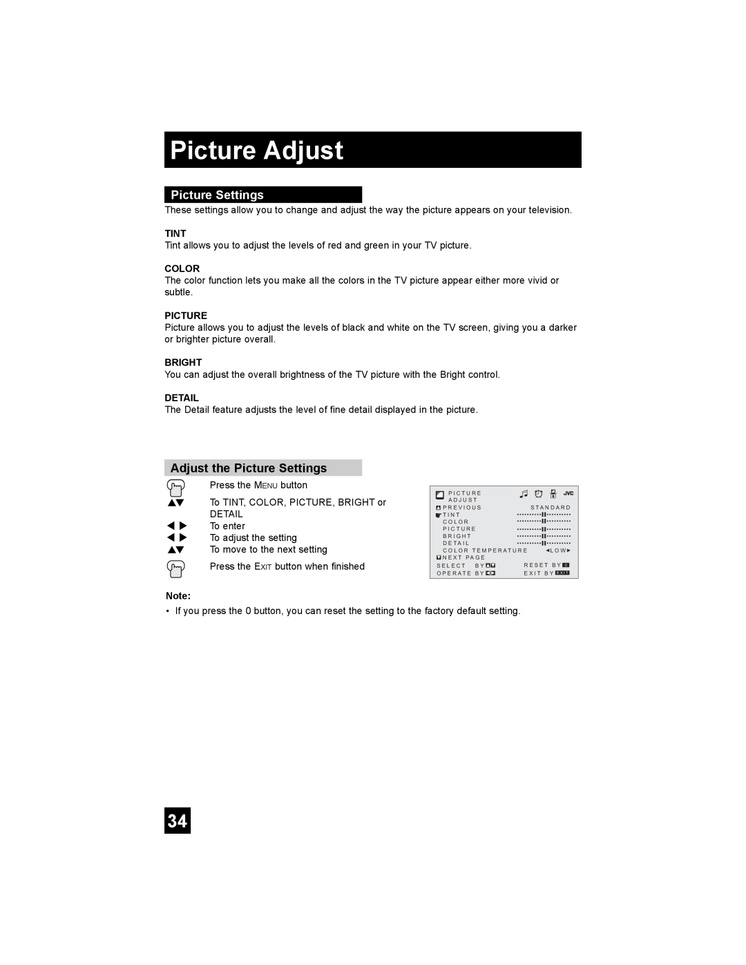 JVC AV 20FA44 manual Picture Adjust, Adjust the Picture Settings 