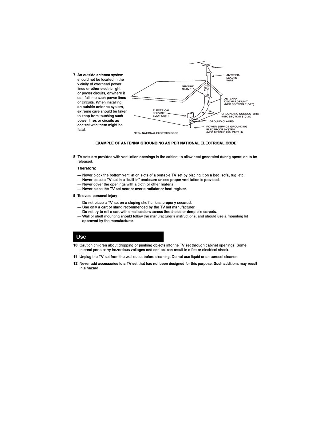 JVC AV 20FA44 manual Example Of Antenna Grounding As Per National Electrical Code, Therefore 