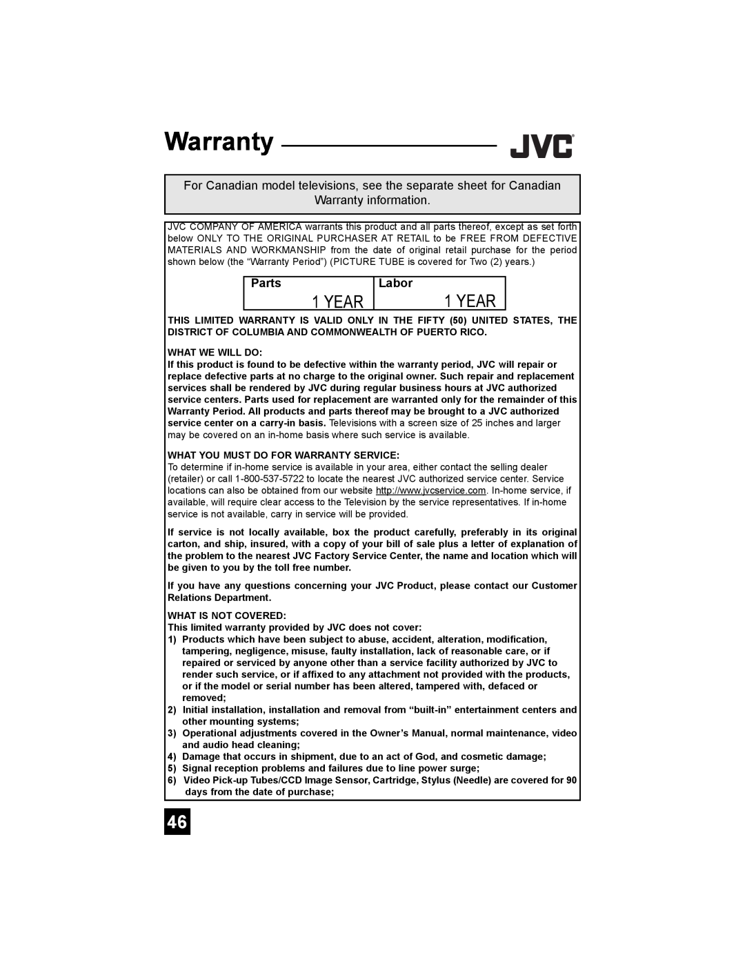 JVC AV 20FA44 For Canadian model televisions, see the separate sheet for Canadian, Warranty information, Parts, Labor 