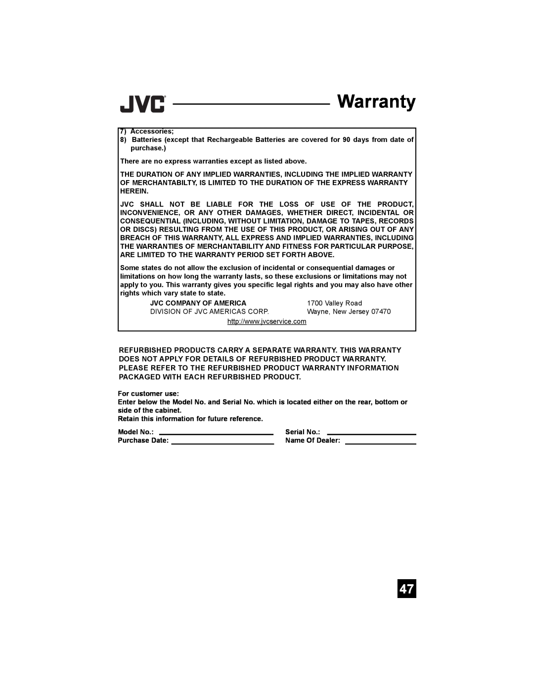 JVC AV 20FA44 manual Warranty, Accessories 