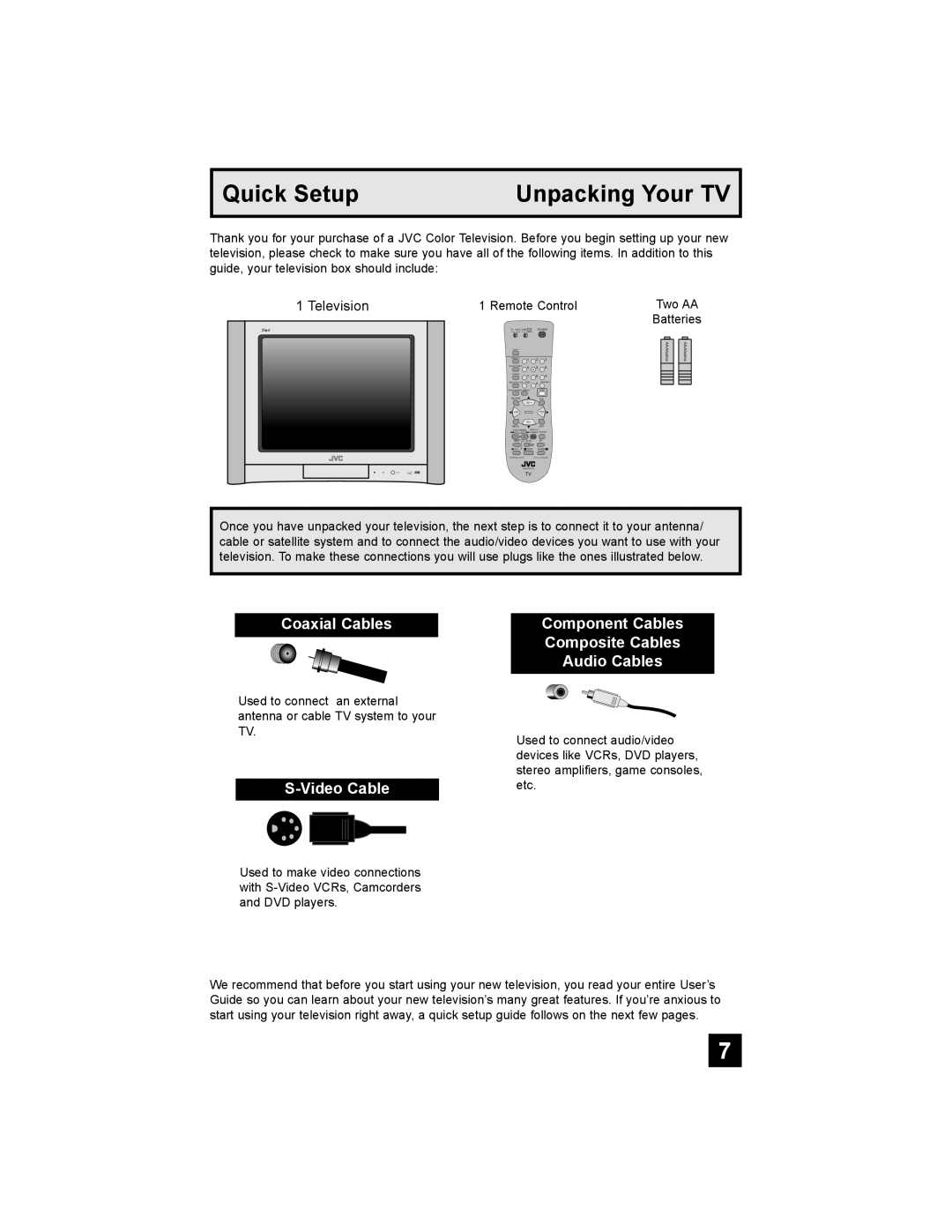 JVC AV 20FA44 manual Quick Setup, Unpacking Your TV, Coaxial Cables, S-Video Cable, Television 