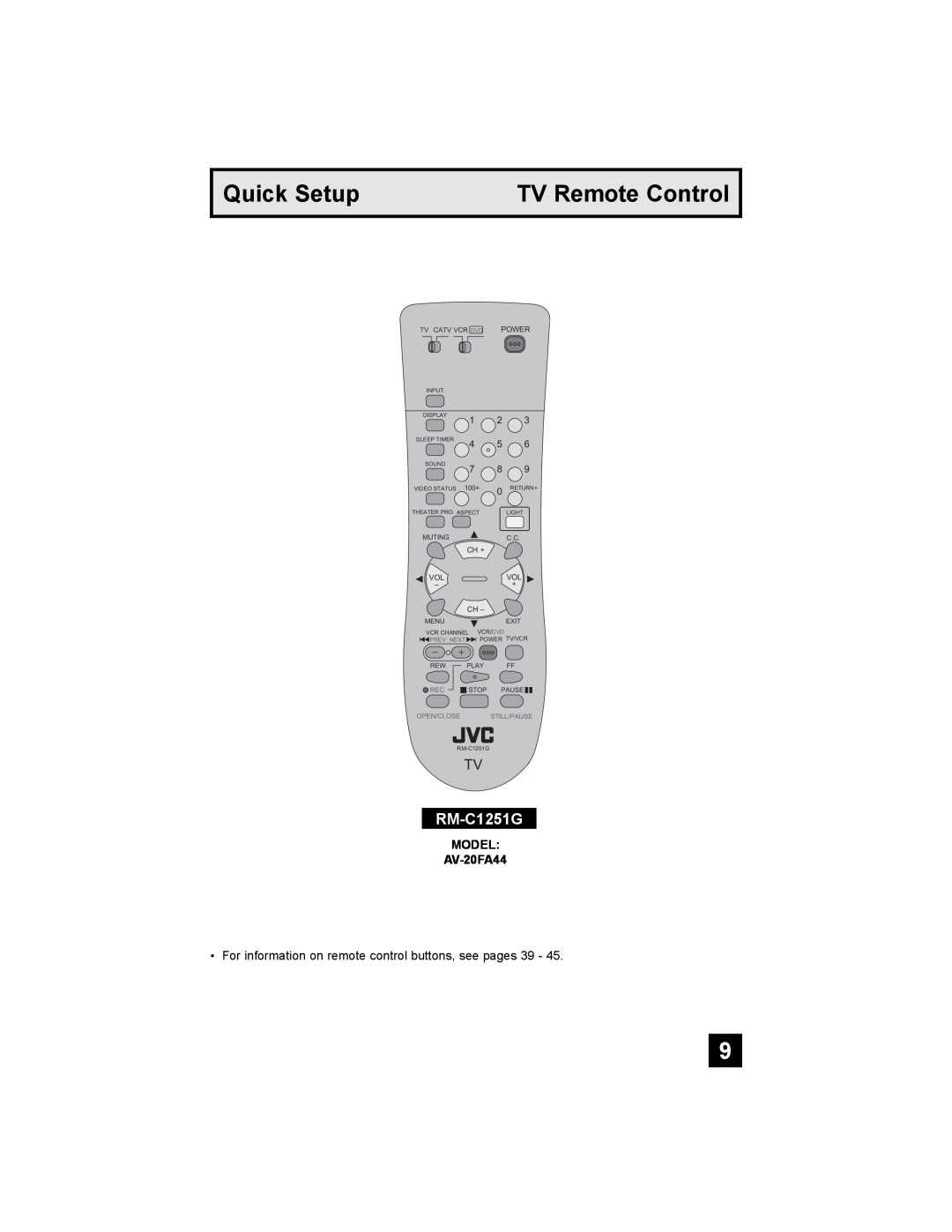 JVC AV 20FA44 manual TV Remote Control, RM-C1251G, Quick Setup, Open/Close Still/Pause, Prev Next 
