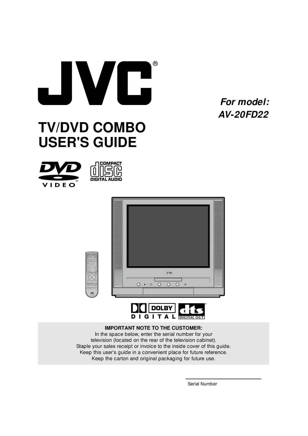 JVC AV-20FD22 manual TV/DVD Combo Users Guide, Serial Number 