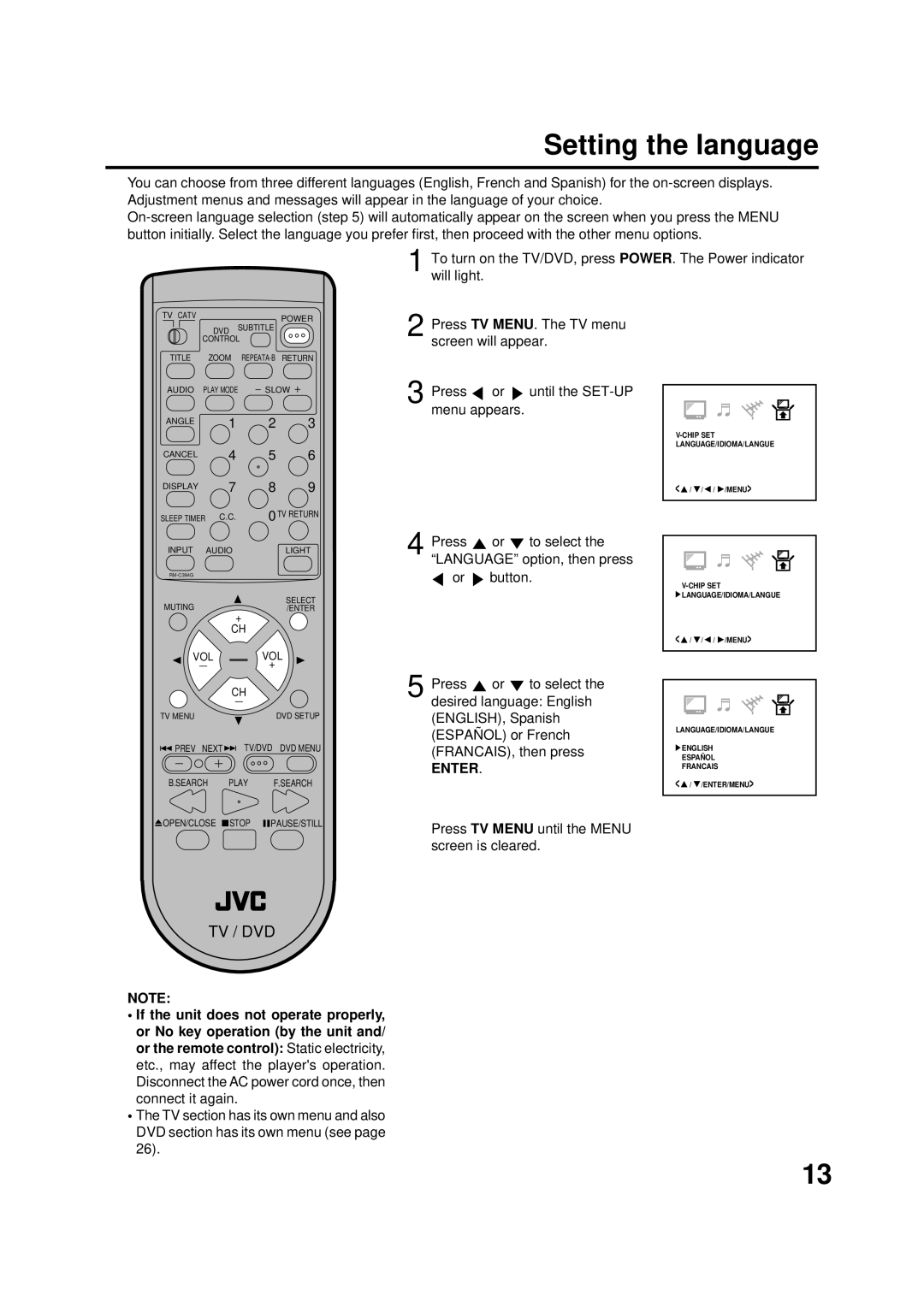 JVC AV-20FD22 manual Setting the language, Enter, Press TV Menu until the Menu screen is cleared 