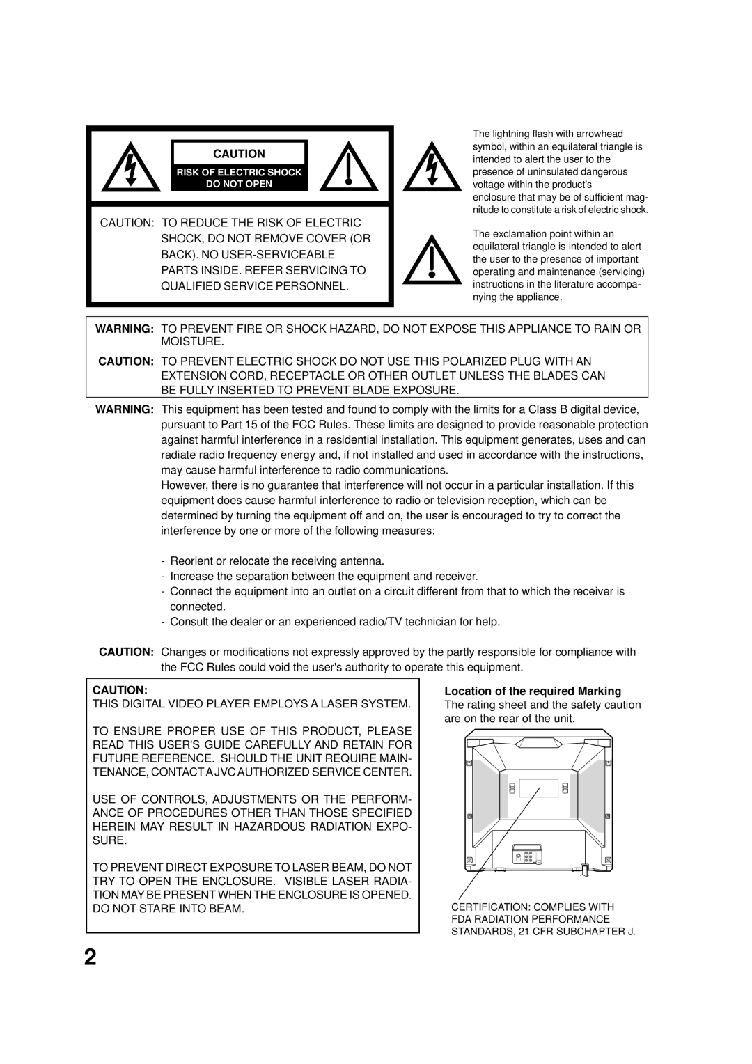 JVC AV-20FD22 manual Risk of Electric Shock Do not Open 