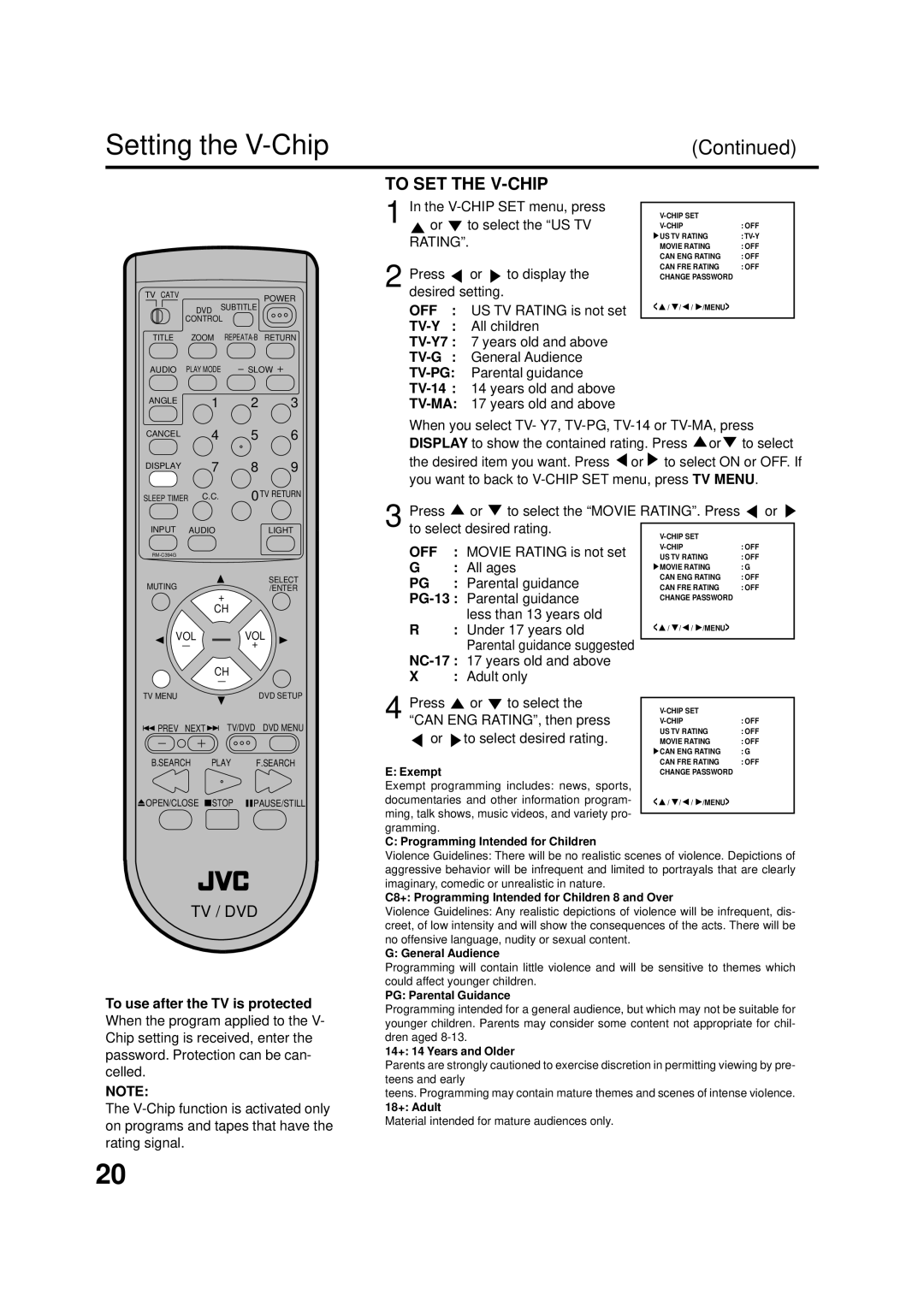 JVC AV-20FD22 manual To SET the V-CHIP, Off, Press To select, Can ENG RATING, then press, To select desired rating 