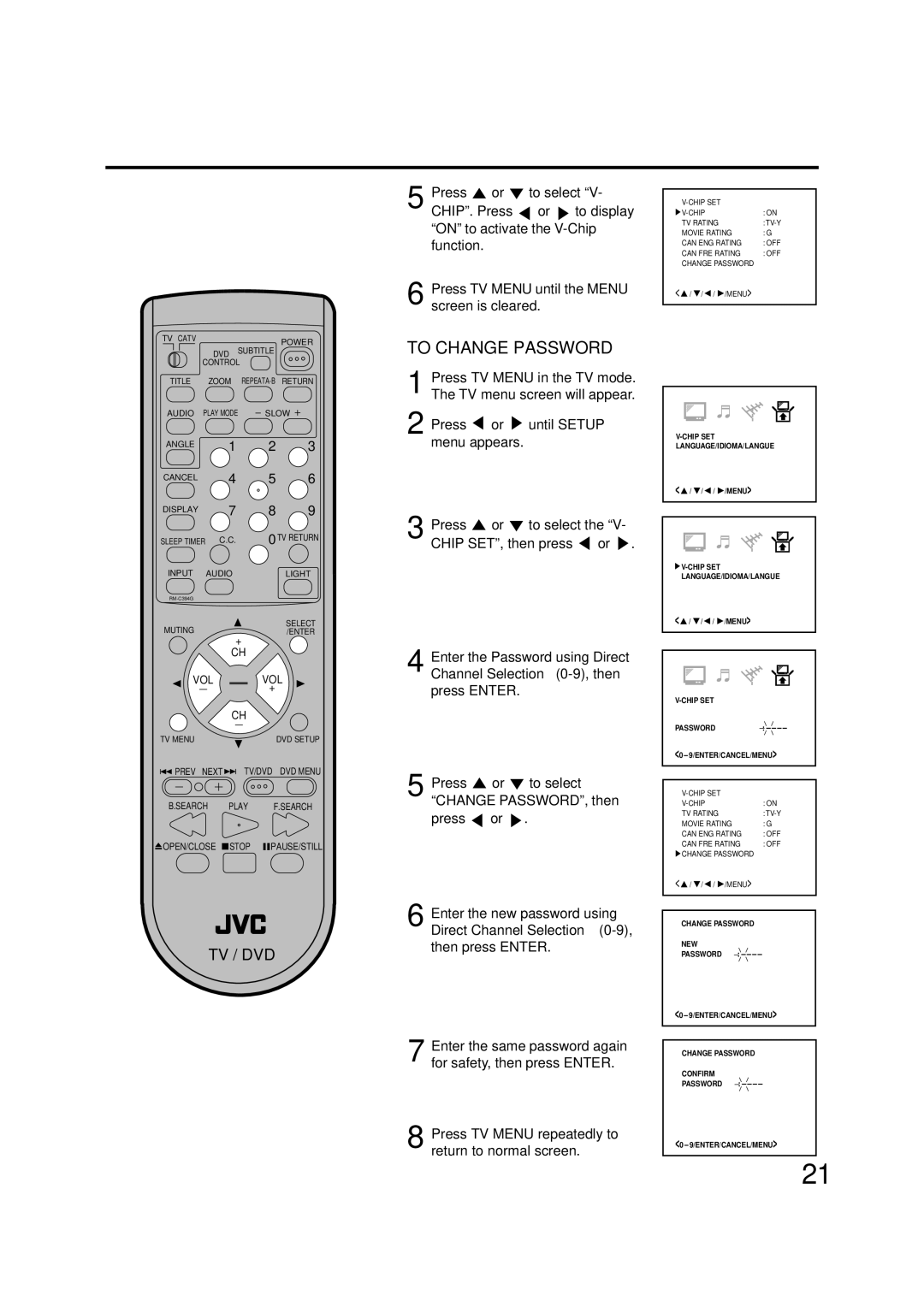 JVC AV-20FD22 manual To Change Password, Press TV Menu repeatedly to return to normal screen 