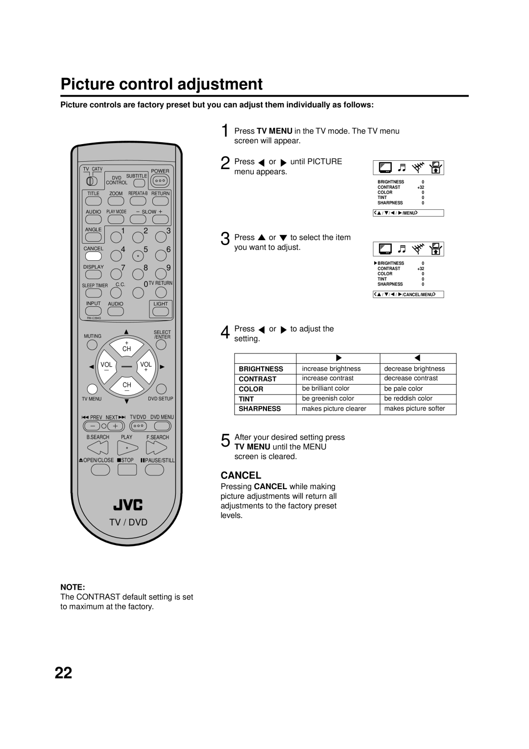 JVC AV-20FD22 manual Picture control adjustment, Cancel, Press or to select the item you want to adjust 