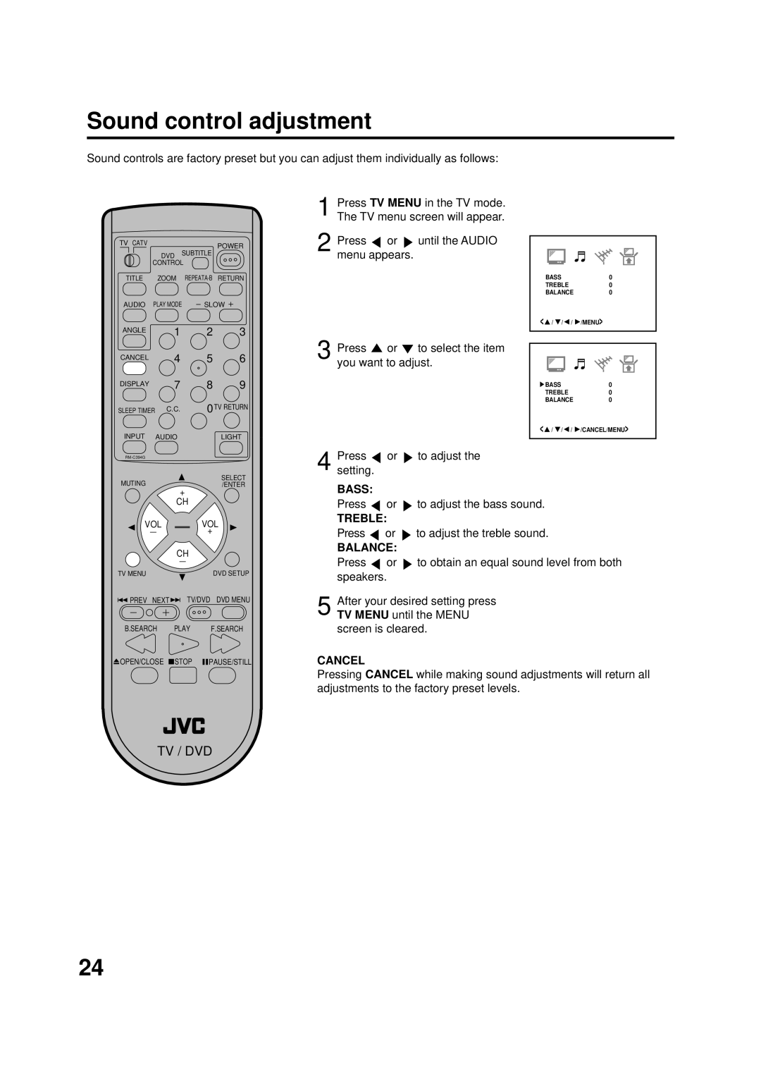 JVC AV-20FD22 manual Sound control adjustment, Bass, Treble, Balance, Cancel 