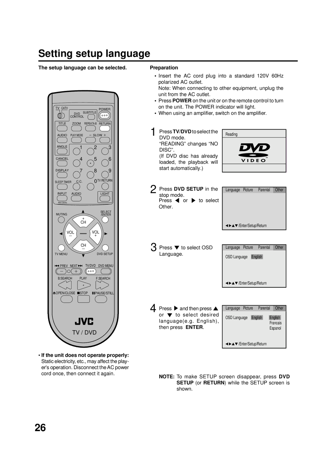 JVC AV-20FD22 manual Setting setup language, Setup language can be selected, Preparation, DVD mode Reading changes no 