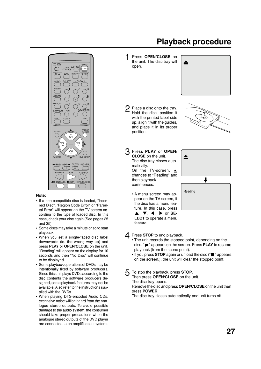 JVC AV-20FD22 manual Playback procedure, Press OPEN/CLOSE on the unit. The disc tray will open 