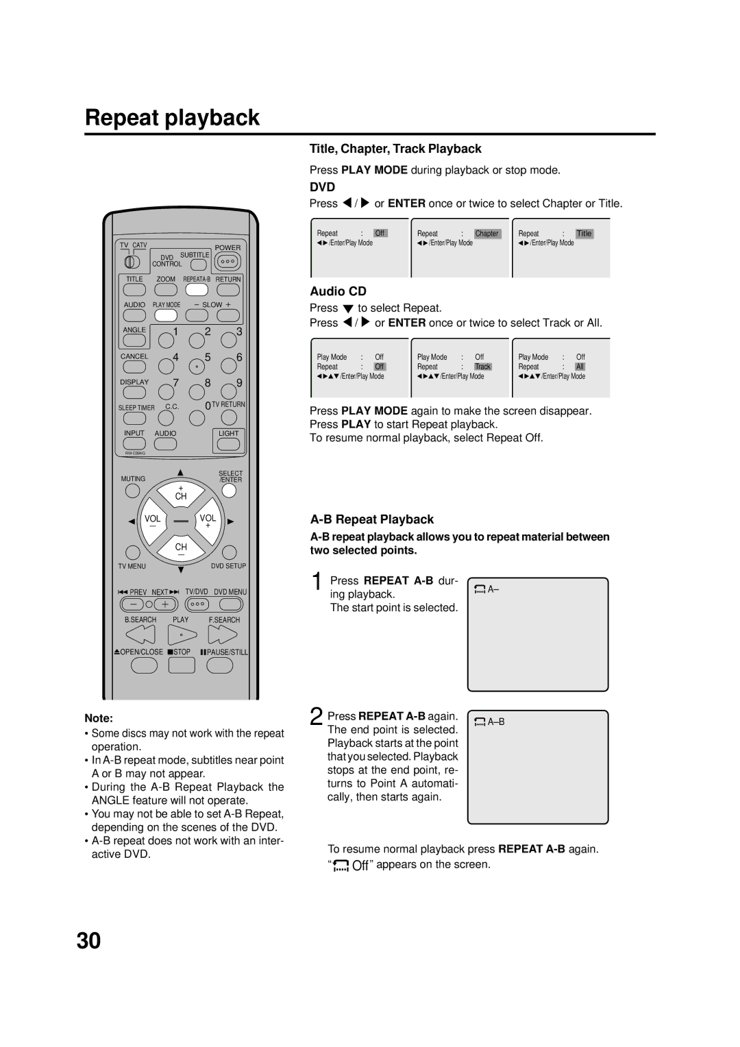 JVC AV-20FD22 manual Repeat playback, Title, Chapter, Track Playback, Audio CD, Repeat Playback 