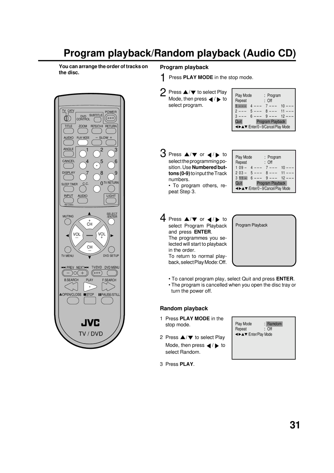 JVC AV-20FD22 manual Program playback/Random playback Audio CD, You can arrange the order of tracks on the disc 